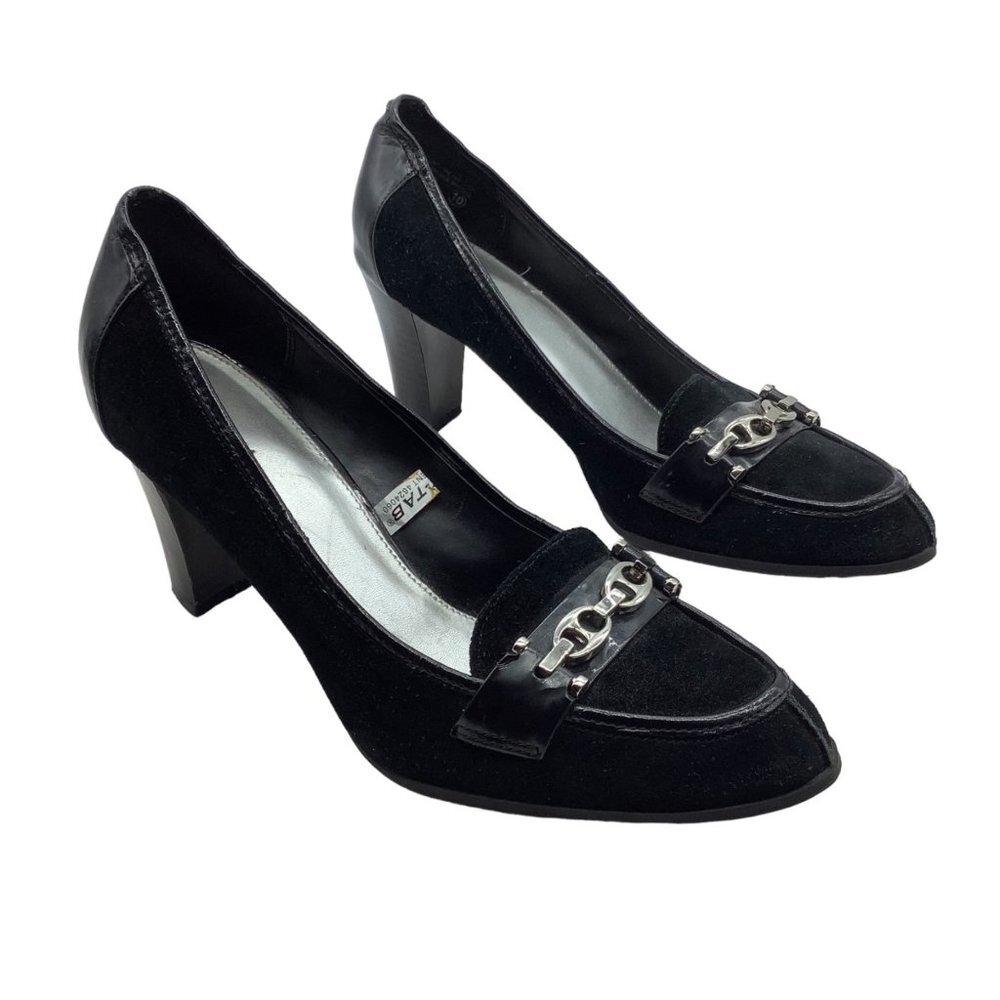 Merona‎ Leather 3" Heels Pumps Women Sz 10 MELANY Black Suede Blend Silver Chain